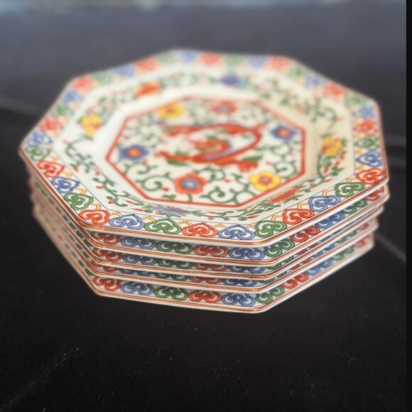 Set of 5 Vintage Otagiri Red Dragon Plates Octagon 7.25" Chinoiserie Japan 1960s - Picture 1 of 7